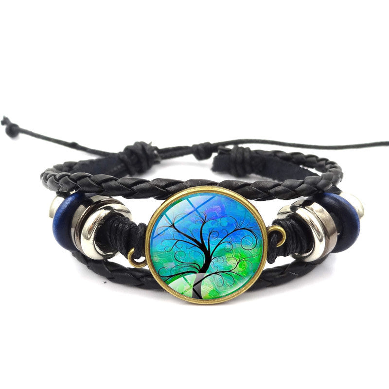 Tree of Life Handmade Multilayer Braided Leather Bracelet with Glass Charm Black Alloy Adjustable High Quality
