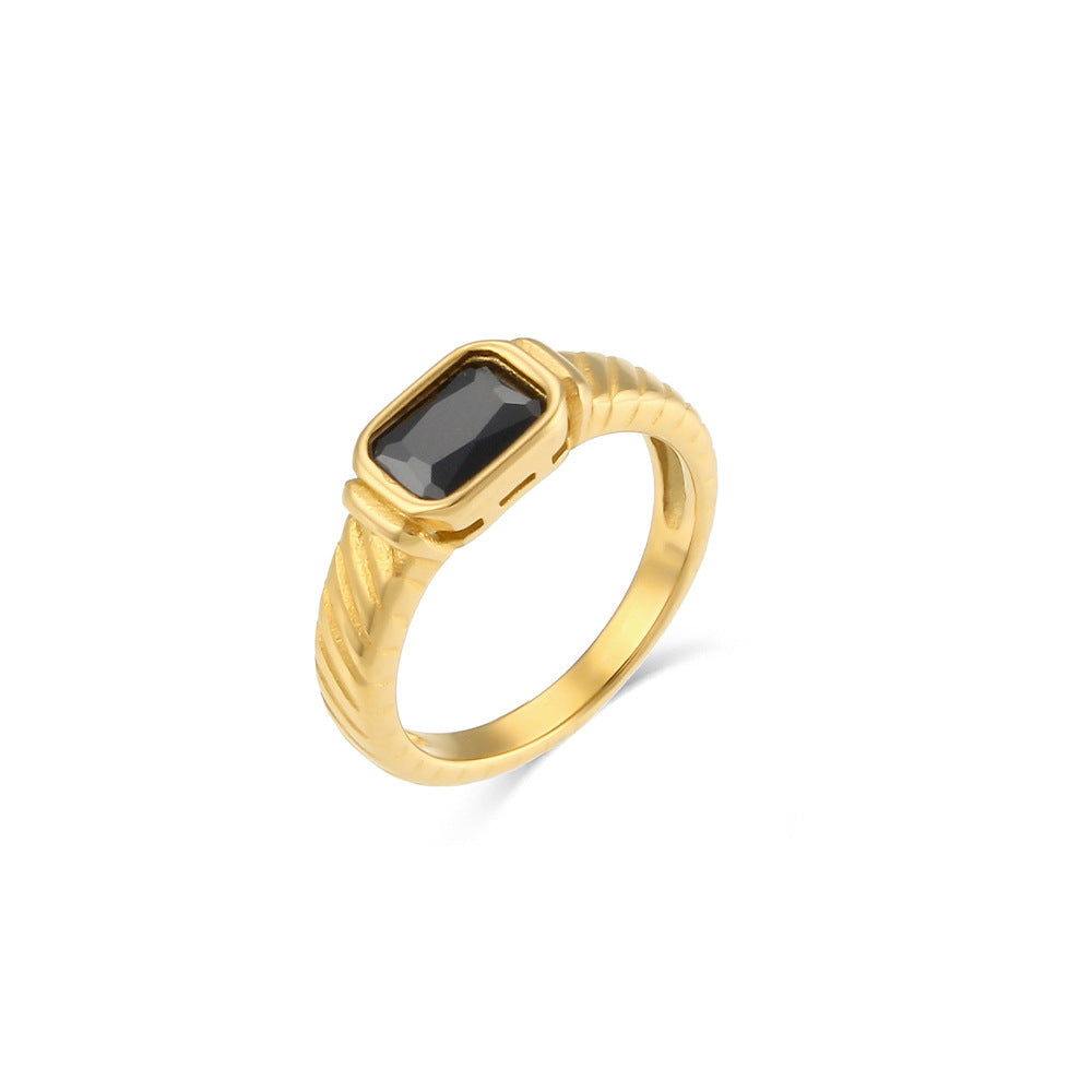 Geometric Square Stainless Steel Ring Women Striped Black Zircon Texture Electroplated Thin Jewelry Fashion Size 6 7 8