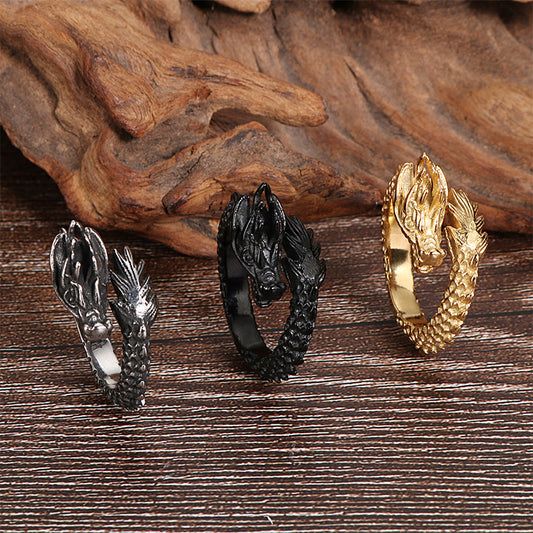 Men's Stainless Steel Ring National Retro Animal Zodiac Ring for Tourism Commemoration and Trade Fair Gift Black Steel Gold Ring