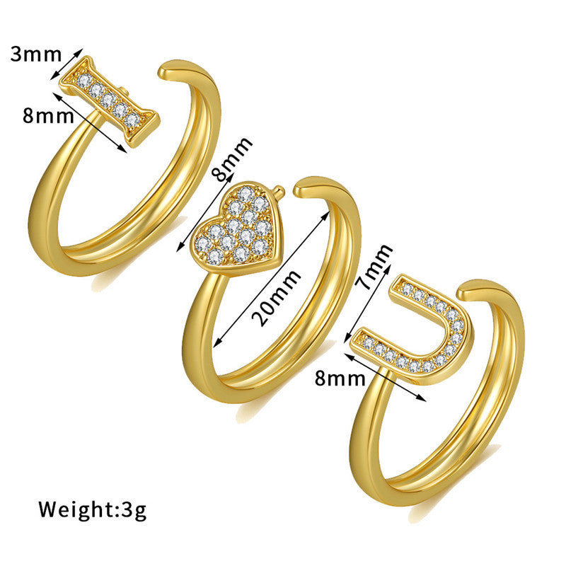 Womens Letter Ring 18K Gold Plated Copper Ring With Zircon Inlay Geometric Design Fashion Jewelry Elegant For Women