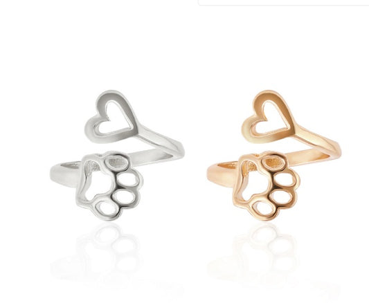 Ladies Love Dog Print Ring Adjustable Opening Alloy Electroplated Finish Gold Or Silver European American Look