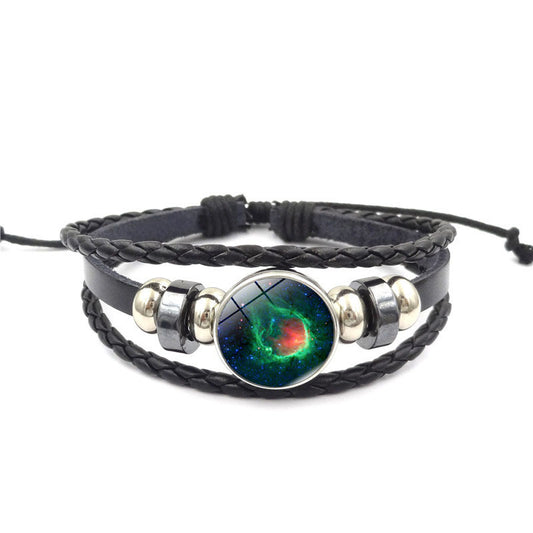 Womens Beaded Bracelet Handmade Starry Sky Universe Design Glass Gem Alloy Pendant Adjustable Leather Rope Gem