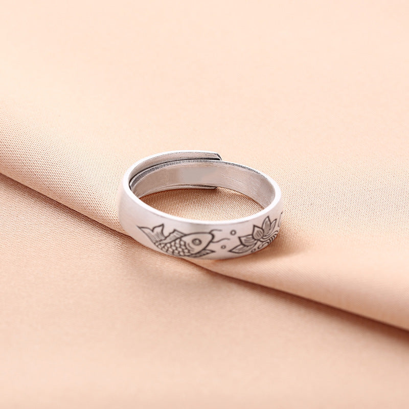 Unisex Carp Ring Vintage Copper Lotus Adjustable Open Band Geometric Jewelry Statement Ring Handcrafted Design