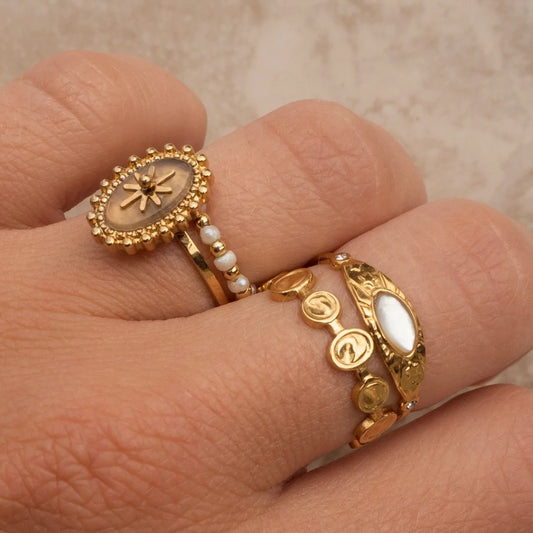 Gold Plated Stainless Steel Ring With Zircon Inlaid Geometric Star Retro European Design For Daily Wear Classy