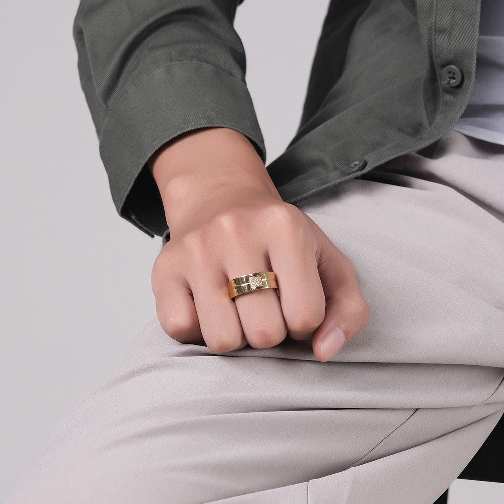 Stainless Steel Diamond Wedding Ring Unisex Geometric Fashion Sizes Eight Nine Ten Eleven Twelve Thirteen Gold