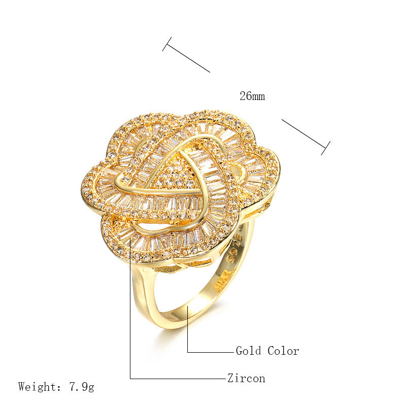 Womens Vintage Flower Zircon Ring Copper Gold Plated Exaggerated Band For Ladies Jewelry Elegant Jewelry Style