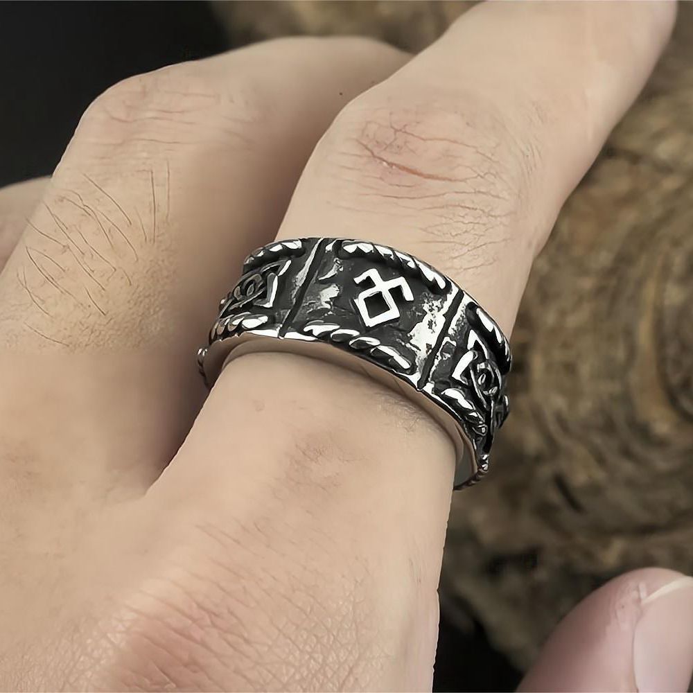 Mens Titanium Steel Viking Text Ring Retro Geometric Design Polished Band Durable Jewelry For Men Everyday Wear