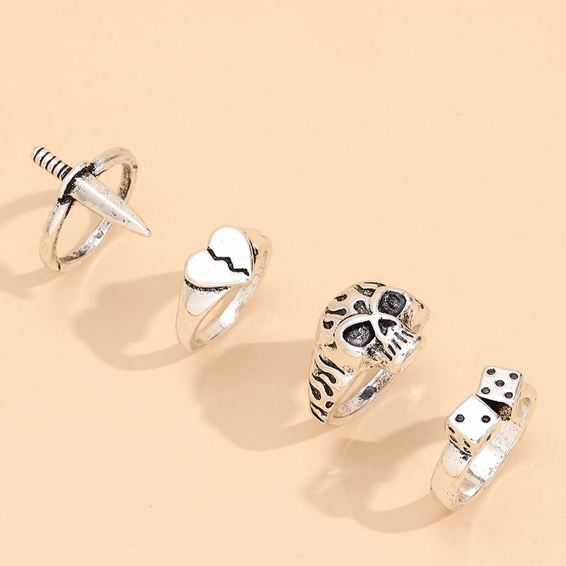 Women Ring Set Silver Tone Fashion Rings With Skull Heart Geometric Ornaments Alloy Electroplated For Everyday Wear