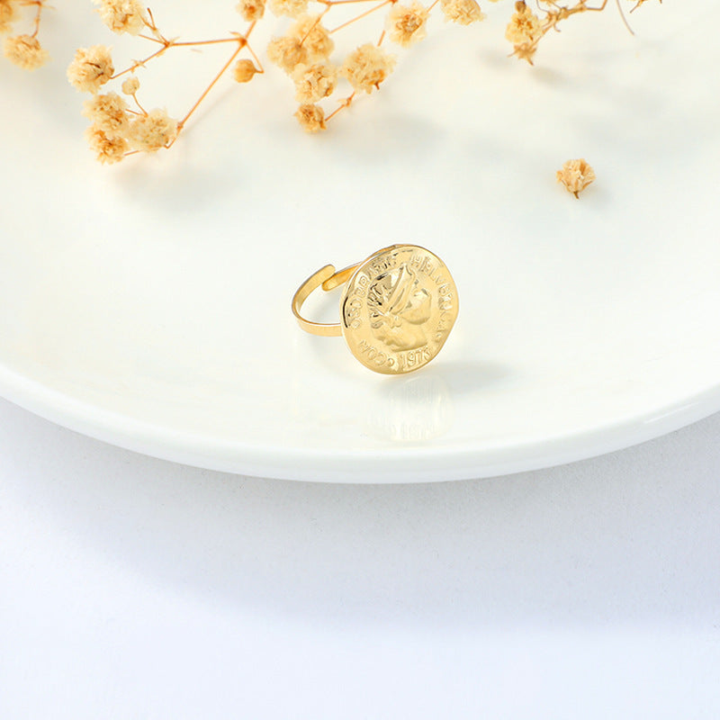 Womens Golden Retro Adjustable Ring Stainless Steel Irregular Design Diameter 43 mm 25 mm Width European Style