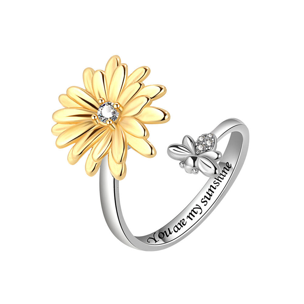 Womens Spinning Ring Sunflower Daisy Adjustable Copper Electroplated Fashion Jewelry Gift For Her Everyday Gem