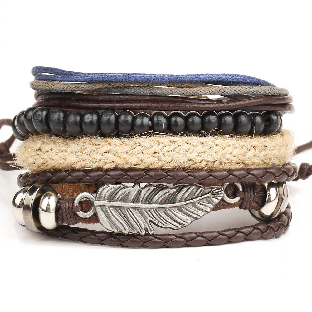 Hand Woven Leather Bracelet Angel Wing Feather Alloy Wood Beads Star Charm Unisex Geometric Style Golden Shine
