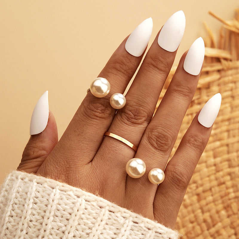 Pearl Ring Set for Women Geometric Alloy Rings Elegant Three Piece Jewelry for Women Pearl Jewelry With Charms