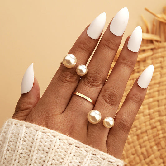 Pearl Ring Set for Women Geometric Alloy Rings Elegant Three Piece Jewelry for Women Pearl Jewelry With Charms