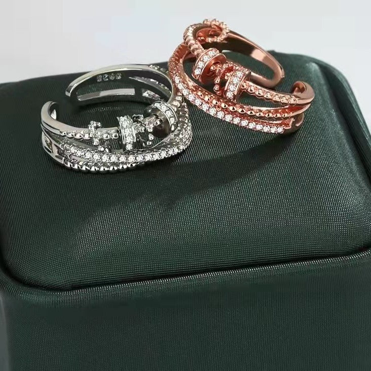 Womens Ring 18K Gold Plated Micro Zircon Inlaid Spinning Band Copper Geometric Design Fashionable Ring For Her