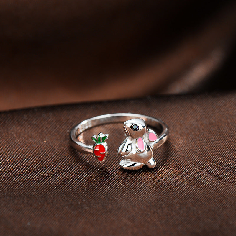 Sterling Silver Adjustable Bunny Ring With Zodiac Animal Design Platinum Finish For Women Elegant Jewelry Gift