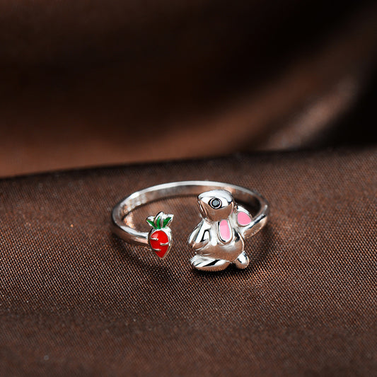 Sterling Silver Adjustable Bunny Ring With Zodiac Animal Design Platinum Finish For Women Elegant Jewelry Gift