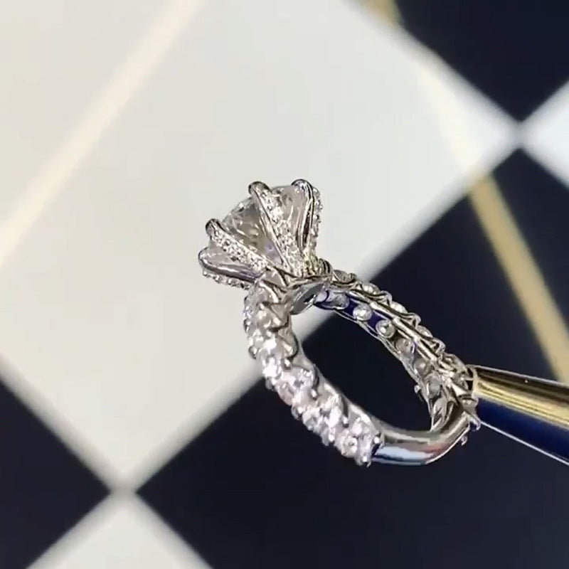 White Gold Plated Zircon Six Prong Ring With Geometric Setting And Sparkling Inlaid Stones Copper Metal Design