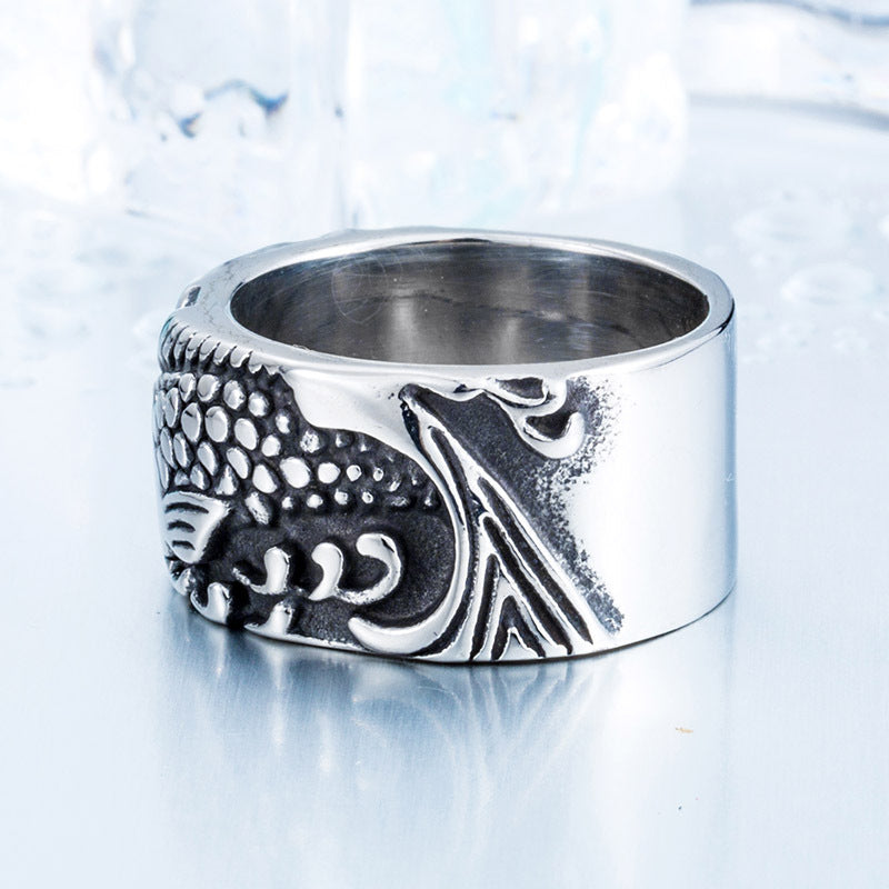 Pisces Embossed Ring Exquisite Stainless Steel Mens Zodiac Animal Ethnic Style Titanium Baking Varnish Type Us