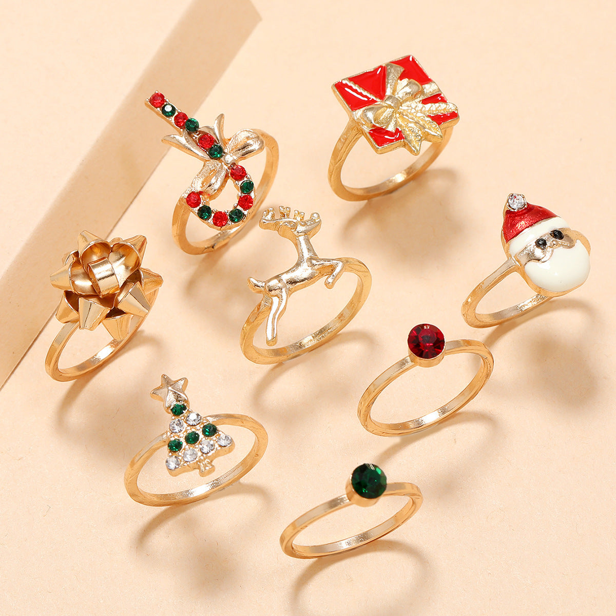 Women Fashion Ring Set 8 Piece Christmas Tree Ring Gift Wand Ring Santa Bowknot Elk Design Alloy Geometric Gem