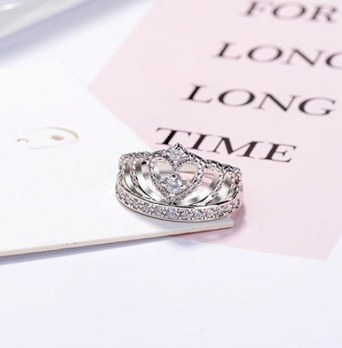 Princess Style Cubic Zirconia Hollowing Heart Silver Rose Gold Crown Ring Jewelry for Party Engagement Wedding