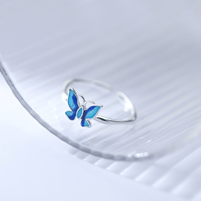 Silver Ring With Blue Butterfly Design And Delicate Insect Motif Adjustable Opening For Women Jewelry S925 Collection