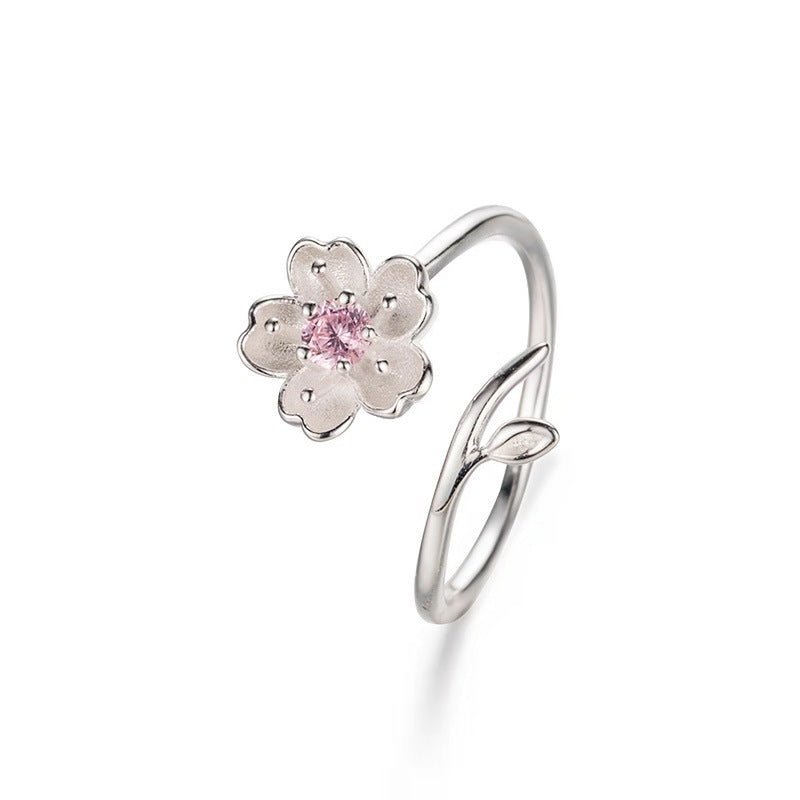 Sterling Silver Tree Branch Flower Ring Open Adjustable Fit For Women Cute Temperament Jewelry Elegant Minimalist Style