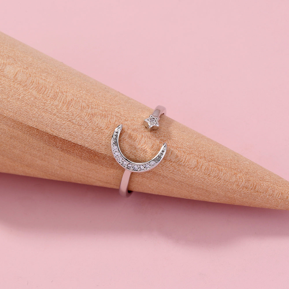 Celestial Star Moon Adjustable Zircon Ring Open Ended Copper Brass Jewelry for Women and Girls Europe And America Style