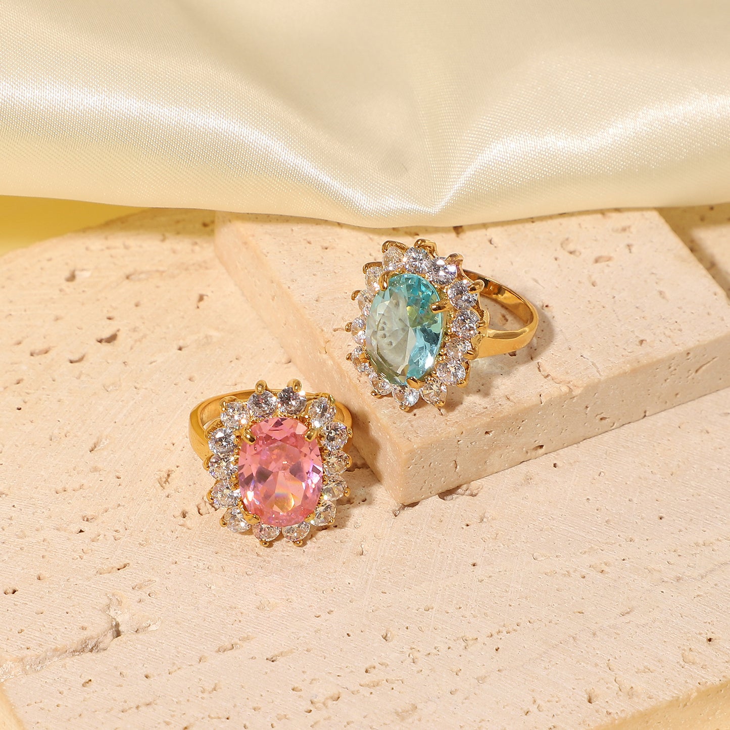 Womens Flower Ring Stainless Steel Zircon Inlay Oval Gem