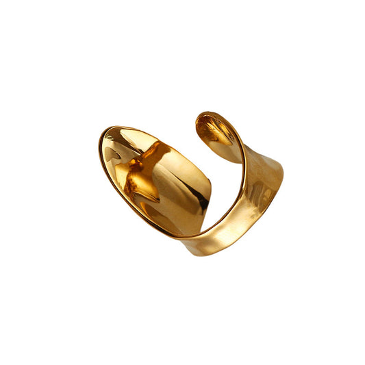 Womens Fashion Ring Electroplated Wide Band Copper Ring with 18K Gold Exaggerated Geometric Profile Adjustable Opening Statement Ring Gold Finish