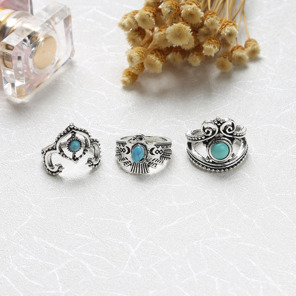 Turquoise Jewelry Set Women 11 Piece Antique Silver Alloy Ring Collection With Retro Crescent Owl Classic Owls