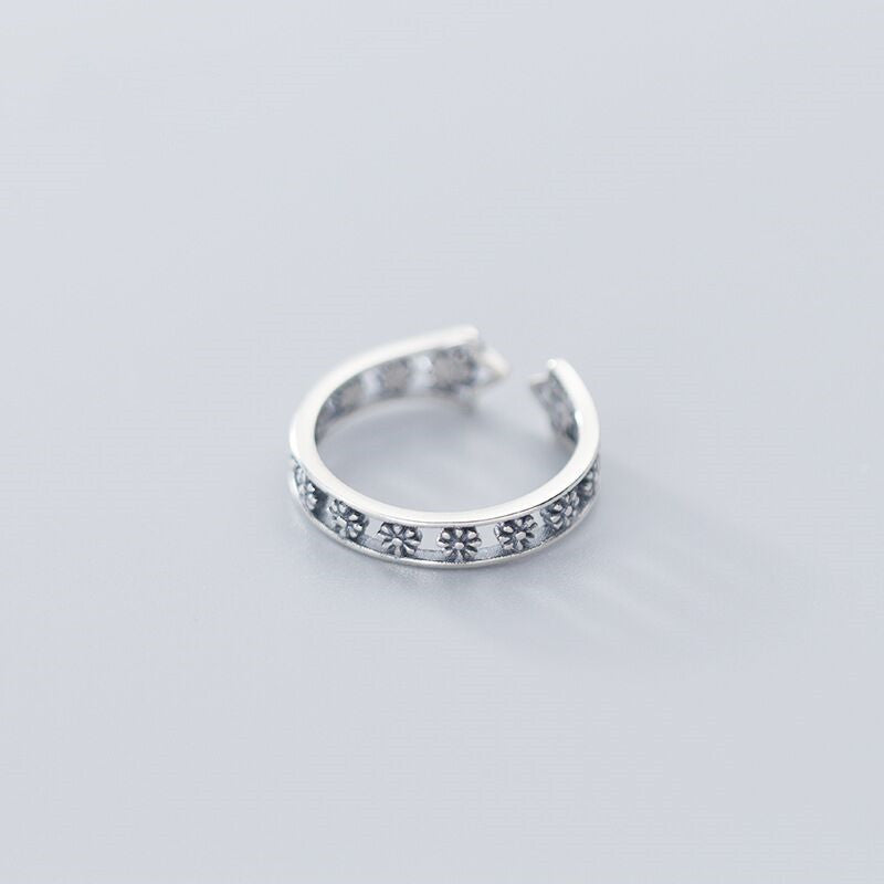Womens Copper Ring With Flower Design Adjustable Open Ring Vintage Silver Finish Korean Design Ring For Women