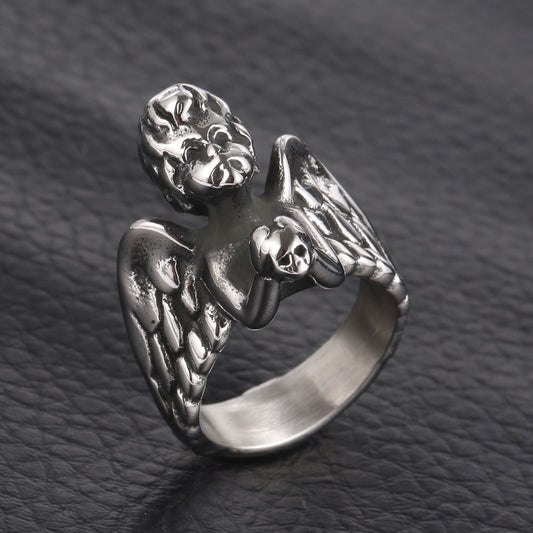 Mens Ring Titanium Angel Casting Polished Durable Metal Unique Design Fashion Jewelry Statement Accessory Gift