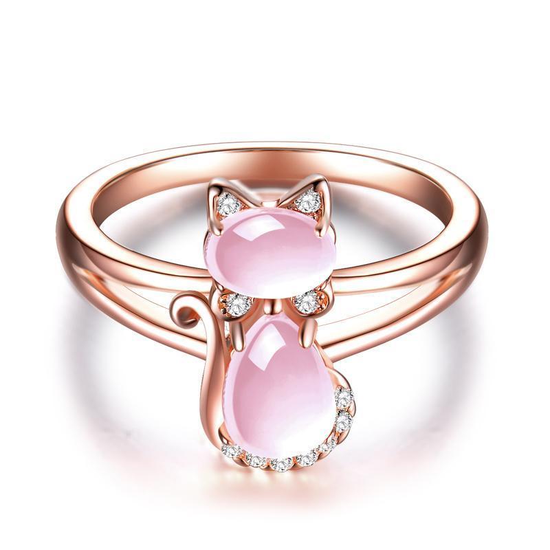 Quartz Crystal Cat Ring Rose Gold Plated Rhinestone Jewelry For Women Delicate Hibiscus Gem Tail Design Everyday Charm