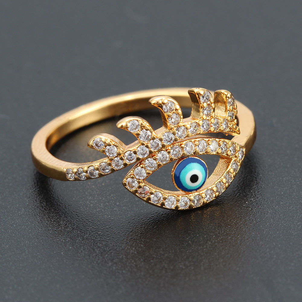 Womens Adjustable Diamond Inlaid Eye Ring Gold Plated Copper Geometric Fashion Jewelry Travel Souvenir Gift Durable