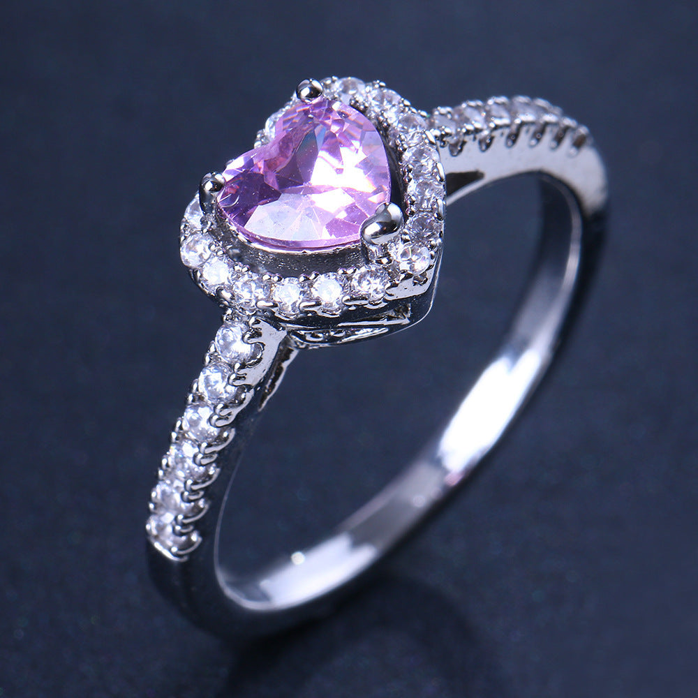 Women's Heart Ring with Emerald Zircon Stone Electroplated Copper Korean Fashion Jewelry Gang Drill Ring for Her Heart Shape Ring Platinum White