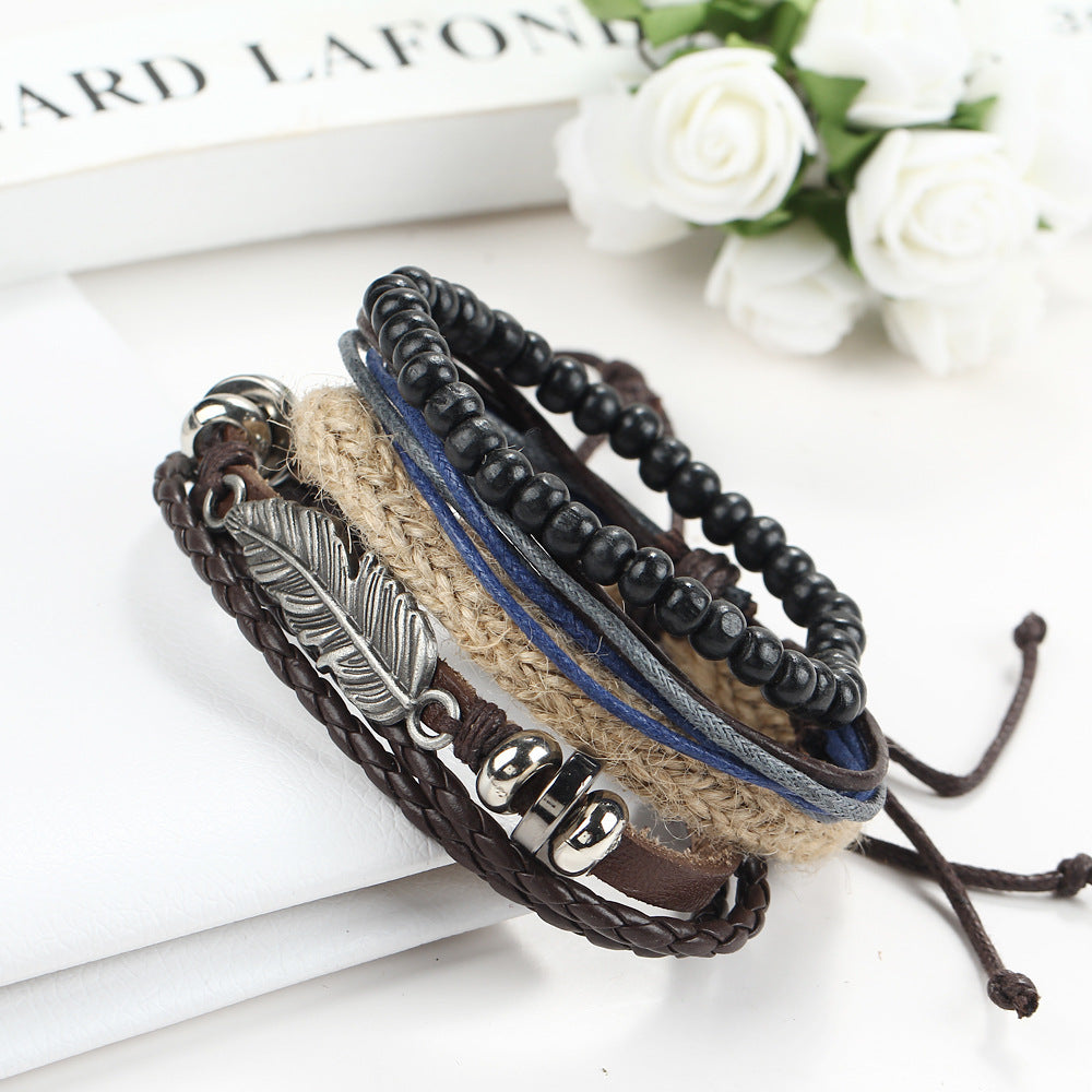 Hand Woven Leather Bracelet Angel Wing Feather Alloy Wood Beads Star Charm Unisex Geometric Style Golden Shine