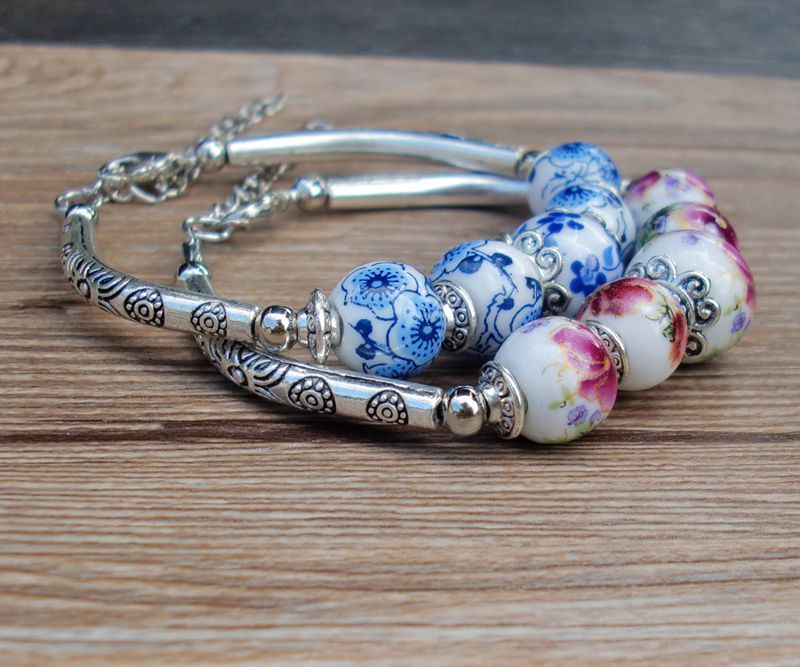 Handmade Porcelain Bracelets Blue And White Ceramic Jewelry With Alloy Accent Retro Elegant Hand Ornament Gift
