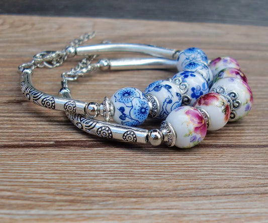Handmade Porcelain Bracelets Blue And White Ceramic Jewelry With Alloy Accent Retro Elegant Hand Ornament Gift