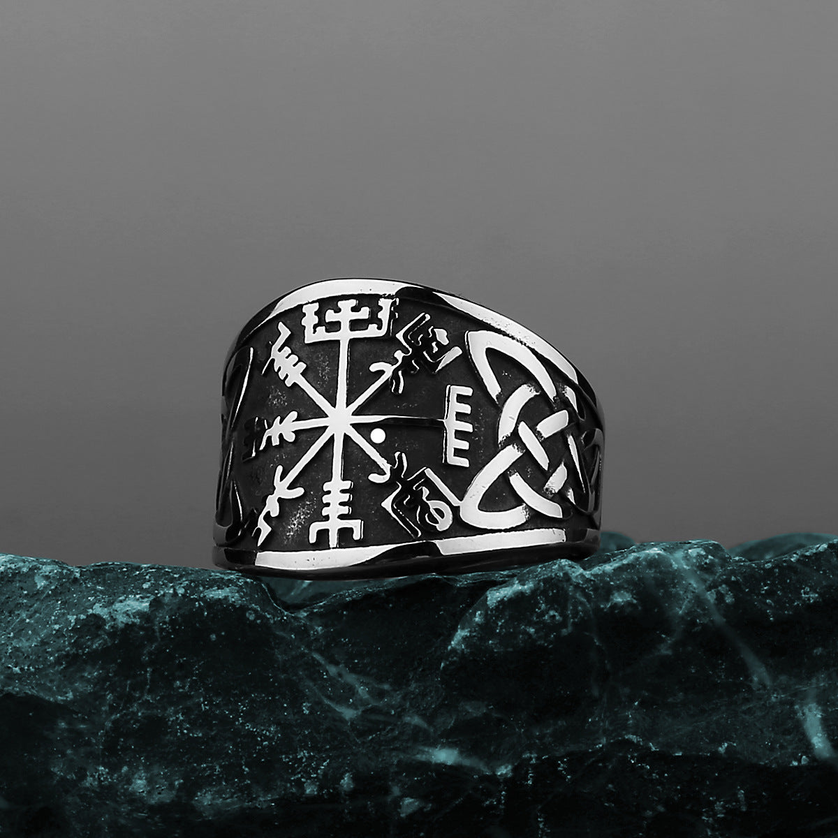 Men Viking Compass Rune Ring Stainless Steel Geometric Fashion Accessory Durable Unique Symbolic Statement Piece