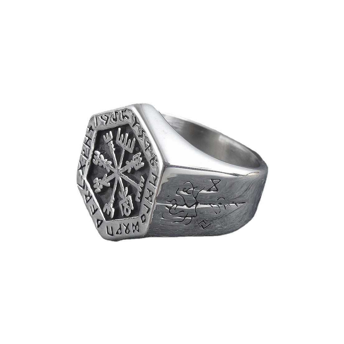 Handcrafted Stainless Steel Ring Hexagonal Vegvisir Ring and Valknut Rune Ring Fashion Statement Ring for Women High Polish Retro Black Finish