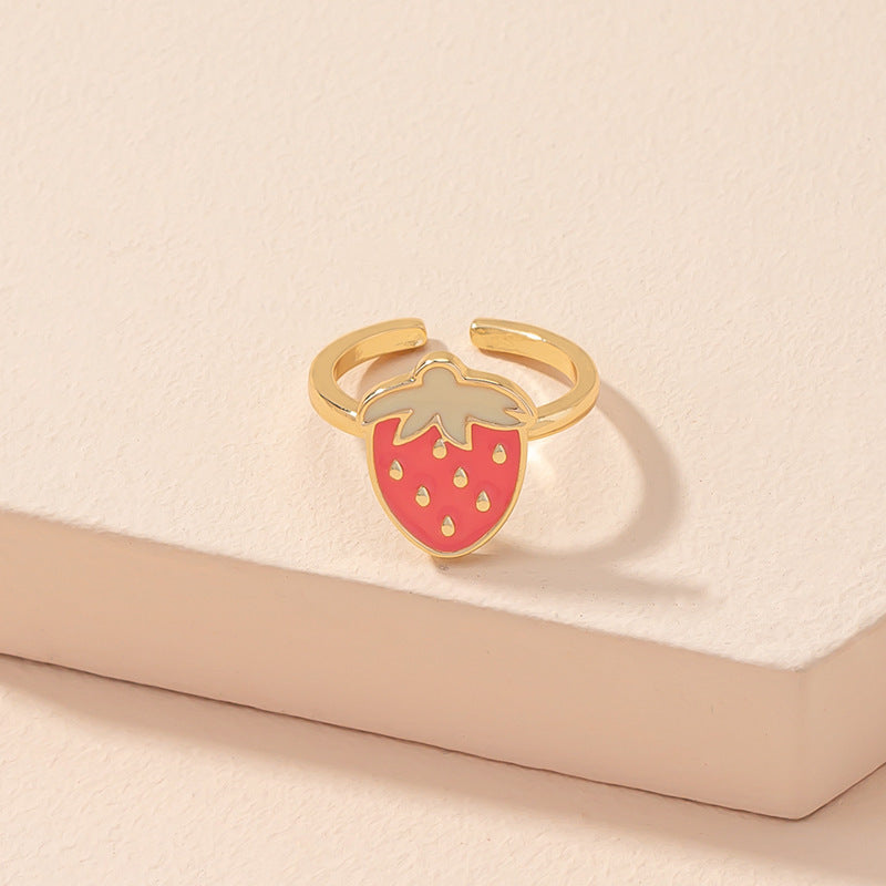 Women Adjustable Strawberry Ring Cute Cartoon Girl Ring Alloy Electroplated Ethnic Retro Geometric Insta Style