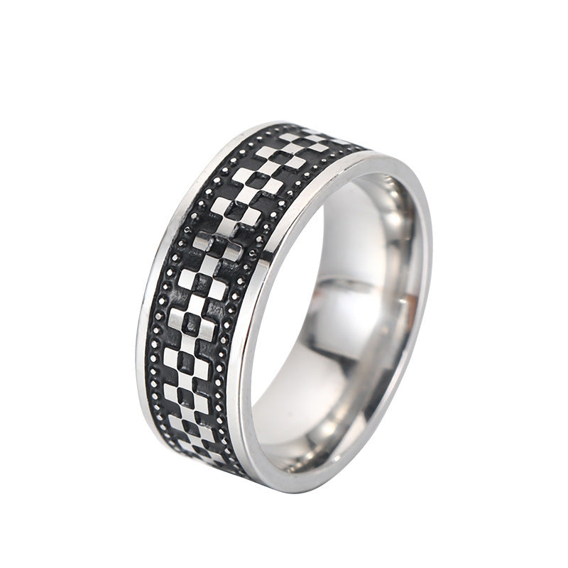 Mens Stainless Steel Ring Geometric Auspicious Patterns Retro Design Durable Daily Wear Party Jewelry Statement