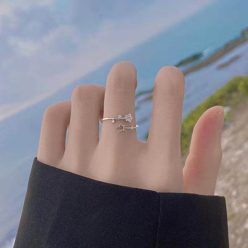 Double Layer Pentagram Star Ring Adjustable Opening White Gold Plated Copper With Alloy Inlaid Artificial Gems