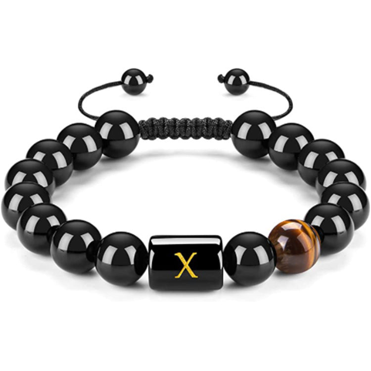 Mens Natural Black Agate 10mm Beads Handmade Initial Letter Bracelet Personalized Gift for Men Letter A Shape Letter