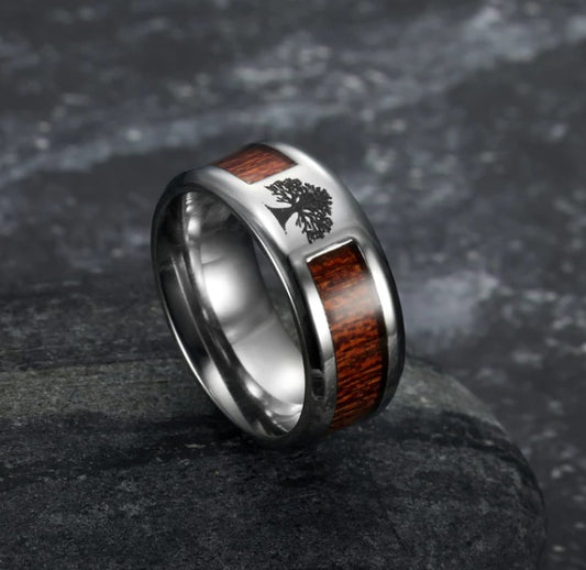 Men's Stainless Steel Celtic Tree Of Life Ring With Wood Inset Handcrafted Durable Wedding Band Jewelry Styles