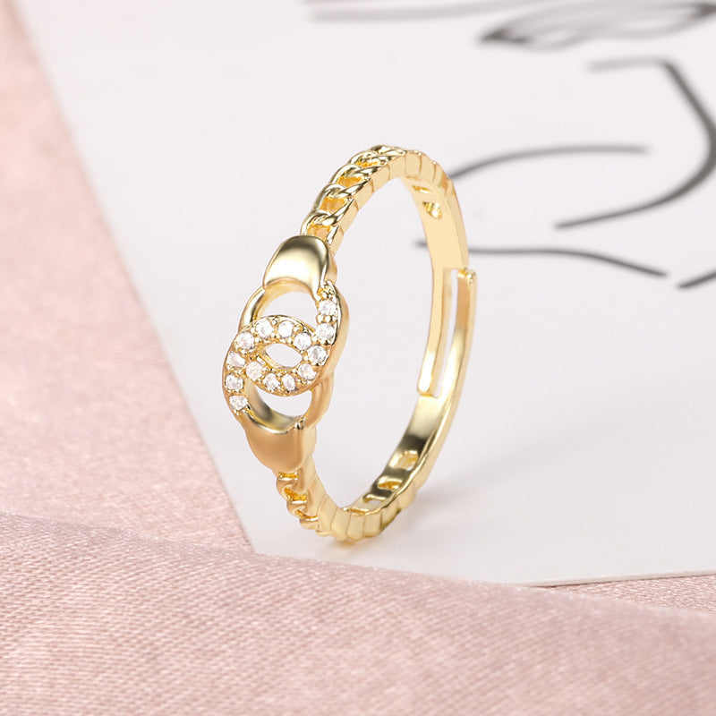 Gold Brass Adjustable Zircon Double Circle Ring For Women
