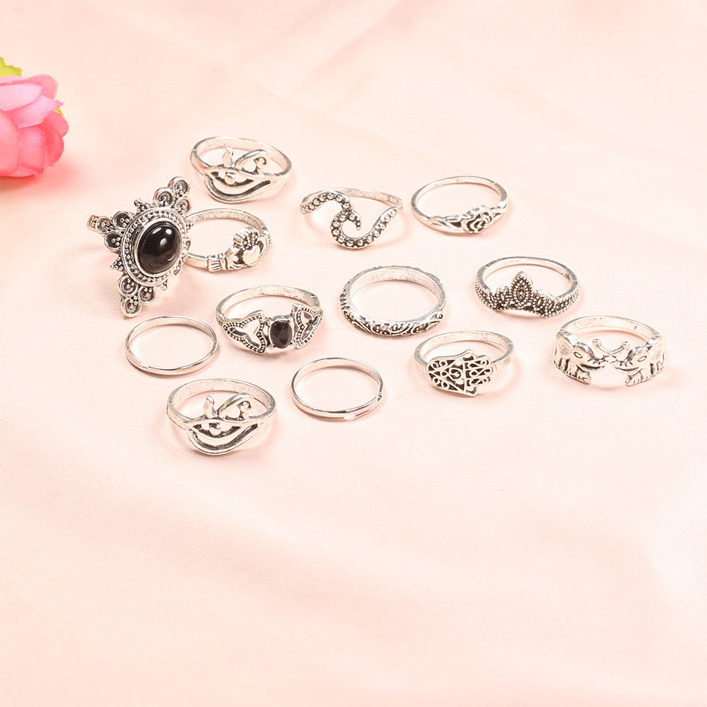 Elephant Ring Hand Carved Black Gemstone Knuckle Ring Alloy Fashion Animal Zodiac European American Ring Style