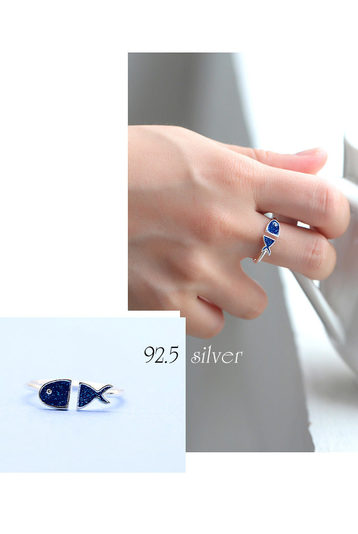 Open Adjustable Sterling Silver Little Fish Ring With Azure Drip Oil Zodiac Charm S925 Metal Jewelry For Yours