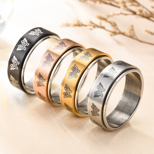 Rotatable Titanium Steel Butterfly Couple Rings With Pattern Electroplated Metal Design Jewelry Everyday Style
