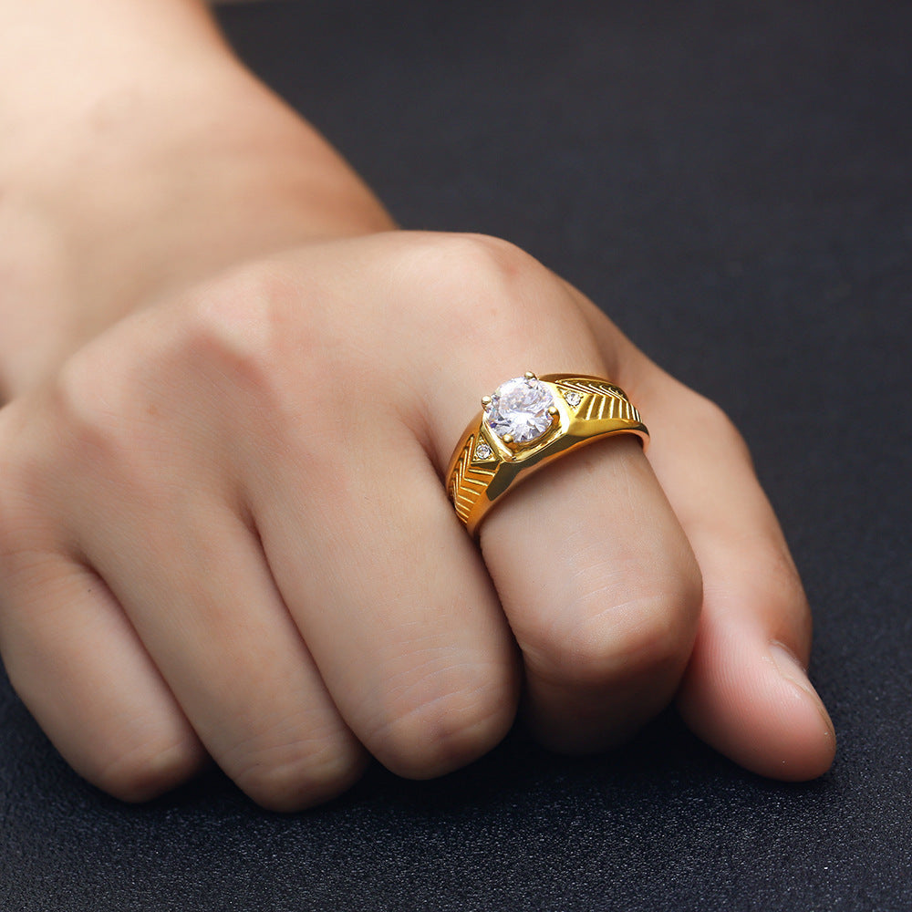 Unisex Stainless Steel Ring with Twill Inlay and Zircon Accent Ethnic U Shape Band Stainless Steel Jewelry Ring Gift for Men or Women